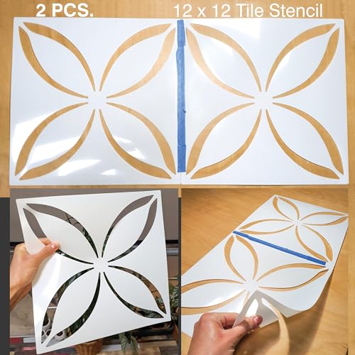 2 Pcs 12" x 12" Tile Stencil Painting Stencil for Walls and Floors - Reusable - Stencils for Painting - Stencil for Home Decor (Lotus Quatrefoil) - style: Lotus Quatrefoil