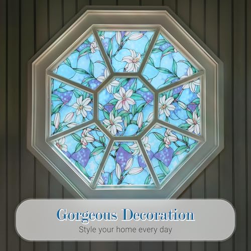 rabbitgoo Stained Glass Window Privacy Film, Blue Lily, 17.5" X 78.7" - color: Blue Lily, size: 17.5" x 78.7"