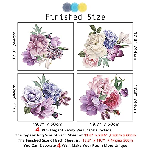 Flowers Wall Stickers Peony Rose Wall Decals for Living Room, 4 PCS Giant Peonies Wall Art Murals Delicate Blossom Art Applique Delicate Peony Floral Wallpaper for Bedroom Girls Room