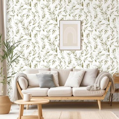 Livebor Peel and Stick Wallpaper Olive Leaf Contact Paper 17.7inch x 118.1inch Floral Leaf Wallpape Peel and Stick Self Adhesive Removable Contact Paper for Bathroom Cabnits Modern Decorative Vinyl - size: 17.7" x 118.1"