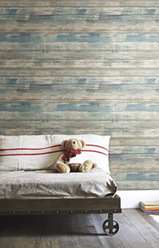 RoomMates Blue Distressed Wood Peel and Stick Wallpaper - color: Blue
