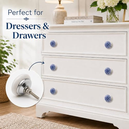 Ajuny 12 Blue Ceramic Cabinet Knobs, Printed Drawer Pull Handles Set