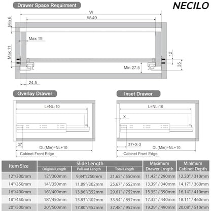 NECILO Push to Open Soft Close Undermount Slides 20 Inch, Full Ext, 78 lb - size: 20 Inch, style: Push open&Soft close Undermount