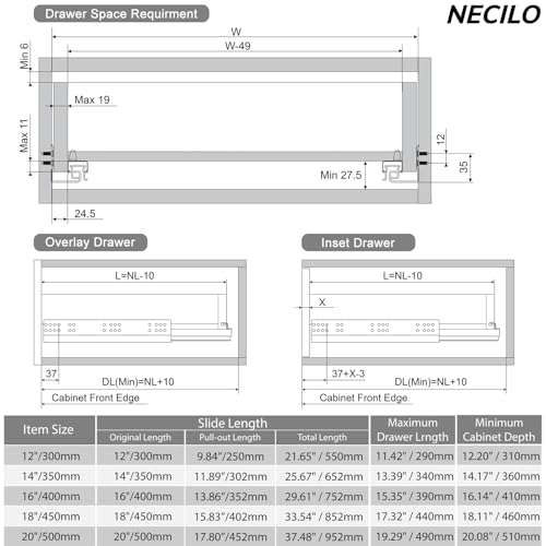 NECILO Push to Open Soft Close Undermount Slides 24 Inch, Full Ext, 78 lb - size: 24 Inch, style: Push open&Soft close Undermount