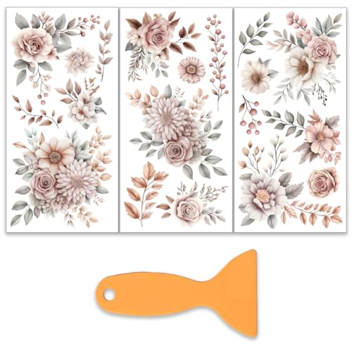 OLYCRAFT 3pcs/Set Brown Flowers Rub on Transfers for Crafts and Furniture 6x12 Inch Roses and Branches Furniture Decals Transfer Stickers Rub on Decal with 1pc Scraper for Wood Furniture Home Decor - style: Brown Flower