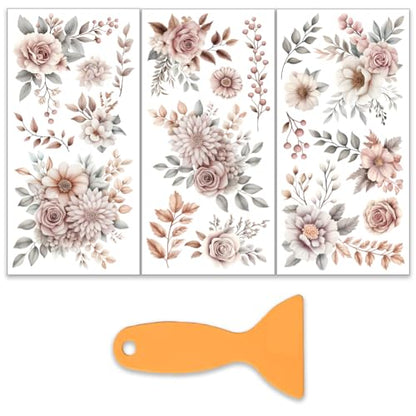OLYCRAFT 3pcs/Set Brown Flowers Rub on Transfers for Crafts and Furniture 6x12 Inch Roses and Branches Furniture Decals Transfer Stickers Rub on Decal with 1pc Scraper for Wood Furniture Home Decor - style: Brown Flower