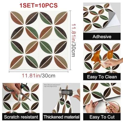 HOMETITUTE Retro Mid Century Leaf 12x12 Inch Peel Stick Vinyl Tile - color: Green, Brown