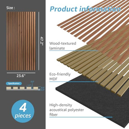Art3d 4-Pack Fluted Acoustic Wood Slat Wall Panel, 47.2 x 23.6 Inch, Walnut - color: Walnut, size: 4pcs - 47.2＊23.6in.