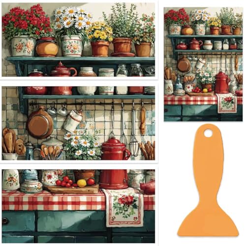 OLYCRAFT 3 Sheets/Set Rub on Transfers for Craft 12x6 Inch Countryside Kitchen PVC Furniture Decal Reusable Waterproof Transfer Self-Stick Tableware Transfer with Scraper for Dressers Cabinets Window - style: Kitchen