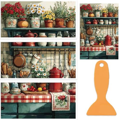 OLYCRAFT 3 Sheets/Set Rub on Transfers for Craft 12x6 Inch Countryside Kitchen PVC Furniture Decal Reusable Waterproof Transfer Self-Stick Tableware Transfer with Scraper for Dressers Cabinets Window - style: Kitchen