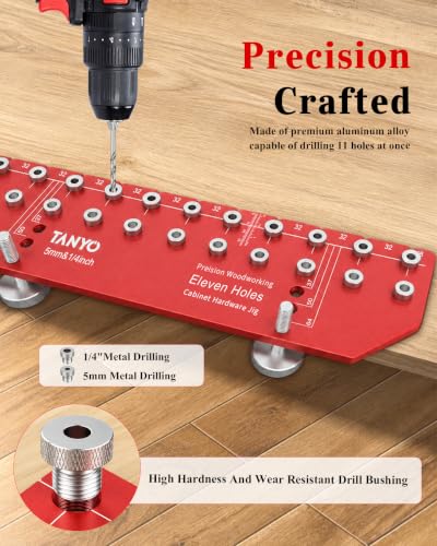 TANYO 11-Hole Shelf Pin Jig, 1/4" & 5mm Drill Bits, Cabinet Hardware - color: Scarlet, size: 11 Hole