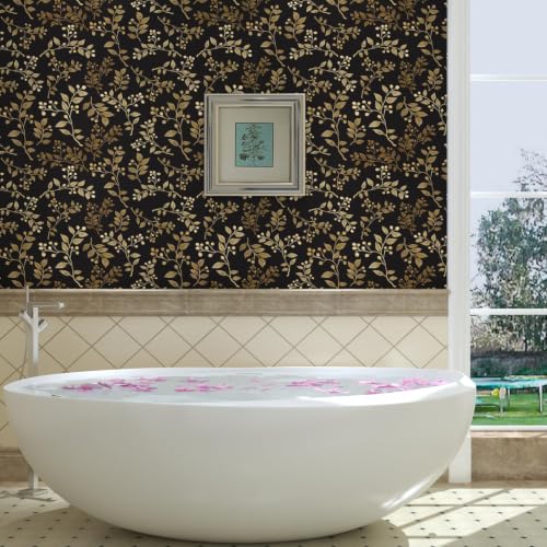 Black Gold Vine Leaf Floral Peel and Stick Wallpaper 17.5" x 118" - color: Black/Gold, size: 17.5" x 118"