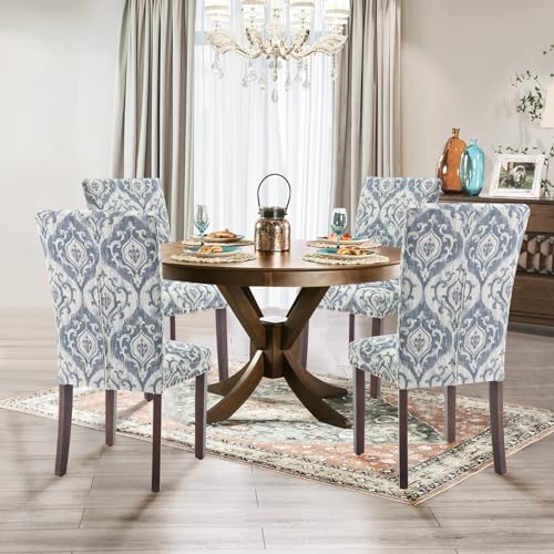 Parsons Dining Chairs Set of 2, Upholstered Nailhead Dining Room Kitchen Side Chair with Thick Cushions and Wood Legs, White/Blue - color: White/Blue, size: set of 2