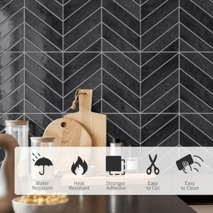 10 Sheets Thicker Herringbone Peel and Stick Backsplash - color: Grey Black