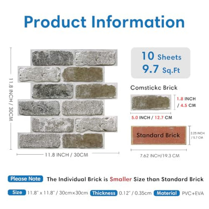 COMSTICKC 3D Faux Brick Wall Panels Peel and Stick, 10 Pcs 11.8" x 11.8" - color: Brown Gray-1