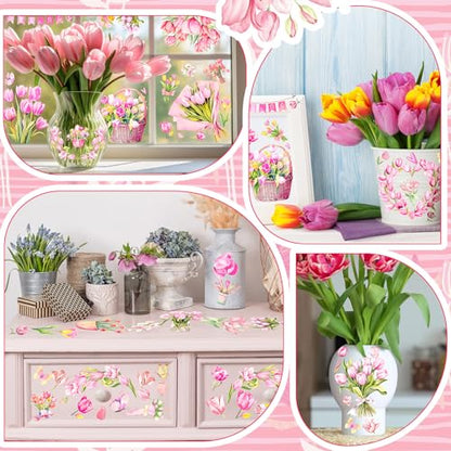 Dispowreath 16 Sheets Pink Tulip Spring Rub on Transfers for Crafts 6x6 Inch Flower Rub on Transfers Stickers Spring Stickers Decals for Home Paper Wood DIY Furniture - style: Tulip
