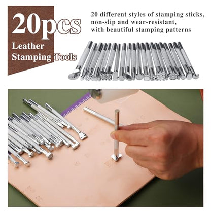 BUTUZE Leather Kit, Leather Tooling Kit for Beginners, Leathercraft Tools with Stamping Tools, Beveler, Groover, Stitching Punch Sewing Thread and Needles - Roll Bag and Manual