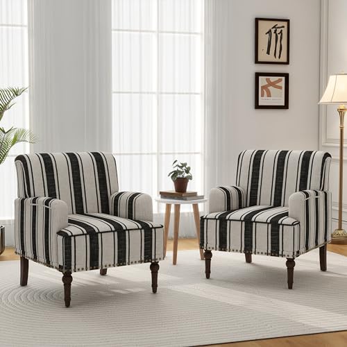 Mid-Century Modern Accent Chair, Black Stripe, Set of 2 - color: Fabric Black Stripe