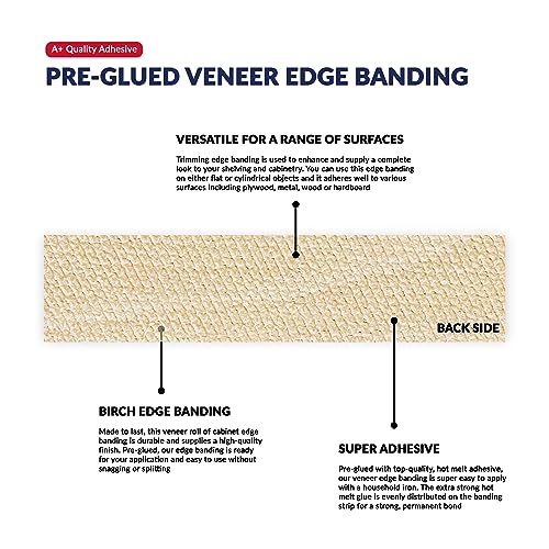 Birch Edge Banding 1 inch x 25 feet Wood Veneer Pre Glued Adhesive Edging Trim Band Tape Iron On Flexible Strip Roll Laminate Cabinate Countertop Furniture Shelf MDF Board Paintable Edgebanding - size: 1 in x 25 ft