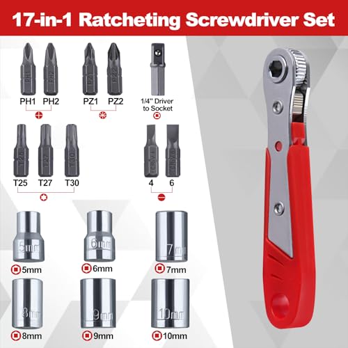 17 PCS Right Angle Ratcheting Screwdriver Set, 90 Degree Offset Screwdriver for Tight Spaces, 36-Tooth Reversible Mini Ratchet Set with 1/4" Phillips/Pozidriv/Slotted/Torx Bits and Sockets