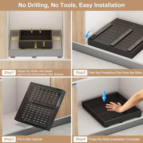 Fokyfok Pull out Cabinet Organizer,11"-16"W,17"-24"D,Expandable,Adhesive - color: Black, size: (11"W-16"W)X(17"D-24"D)