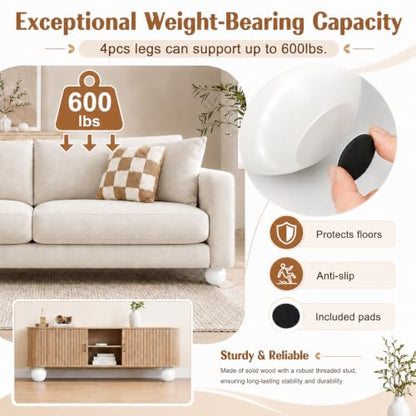 4 Inch Wooden Sofa Legs Set of 4 White Wood Round Sofa Legs with Mounting Plate Screws Solid Wood Furniture Feet for Couch Bed Cabinet Bookcase Ottoman - color: White