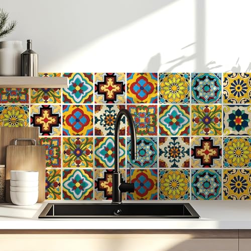 30 Pcs Mexican Talavera Peel and Stick Tile Stickers 4x4 Inch - Self-Adhesive Waterproof Vinyl Backsplash Decals for Kitchen Bathroom Stair Riser, Removable Boho Spanish DIY Wall Decor