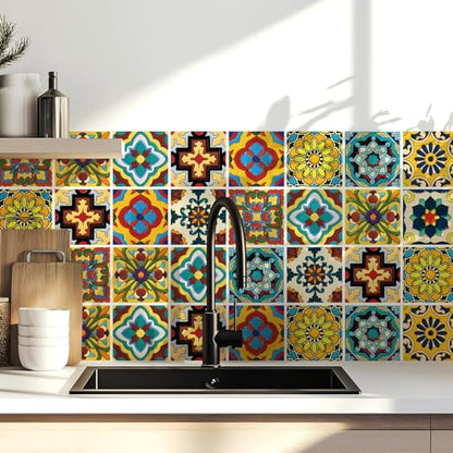 30 Pcs Mexican Talavera Peel and Stick Tile Stickers 4x4 Inch - Self-Adhesive Waterproof Vinyl Backsplash Decals for Kitchen Bathroom Stair Riser, Removable Boho Spanish DIY Wall Decor