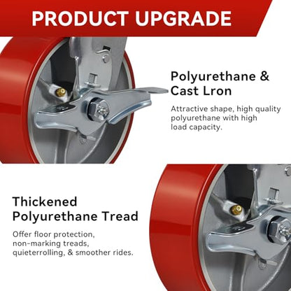 6"x2" Industrial Casters- Heavy Duty casters,Polyurethane Casters Wheel,Capacity up to 5000 Lb. Use for Platform Truck, U-Boat Cart,Workbenches(4 Brake) - style: 6 inch