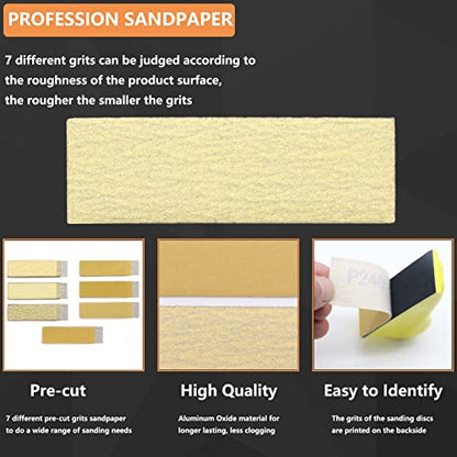 70 Sheets Micro Detail Sander Paper Kit with 3.5”x 1”Hand Sanding Block - style: Yellow 80-600 Grit