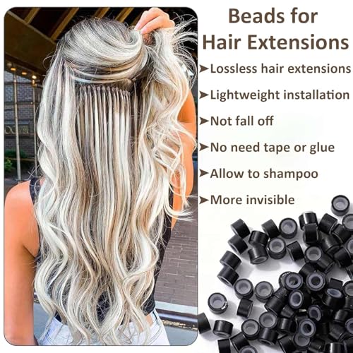 1500 Silicone Lined Beads for Hair Extensions,3 Colors 5mm Rings - color: Beads