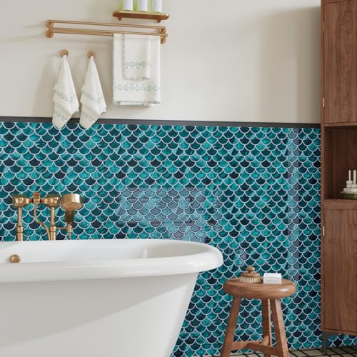 CRE8TIVE 16 Sheets Fish Scale Tile Peel and Stick Backsplash for Kitchen Green Stick on Backsplash Tiles for Bathroom Waterproof Tile Stickers 12"x12" 3D Renter Friendly Self Adhesive Back Splashes - size: 12"x12" (16-Sheets)