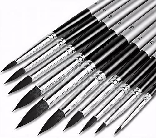 DUGATO Watercolor Brush Set of 10, Round Pointed Tip, Fine Synthetic - color: Black