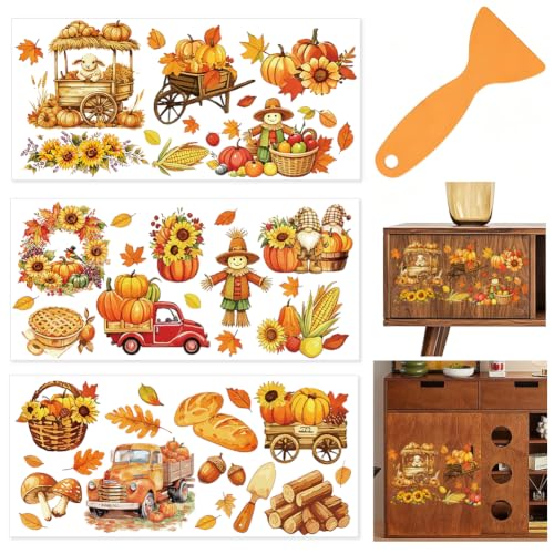 3 Sheets Fall Rub on Transfers for Furniture Craft 6 x 12 Inch Thanksgiving Furniture Transfers Decals Maple Leaf Pumpkin PVC Waterproof Decorative Sticker for Glass Wood Plastic Home Decor - color: Thanksgiving Day