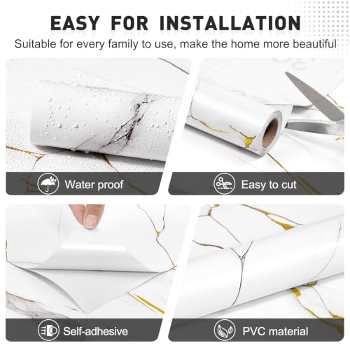 Glossy White Gold Marble Contact Paper 23.6" x 236" Peel and Stick Wallpaper - color: White/Gold, size: 23.6" x 236"