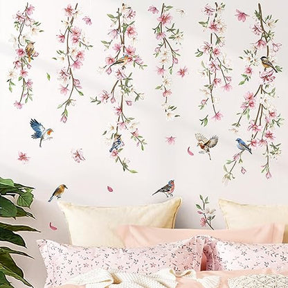 decalmile Pink Flower Vine Leaves Birds Sofa TV Wall Decals Stickers - color: A