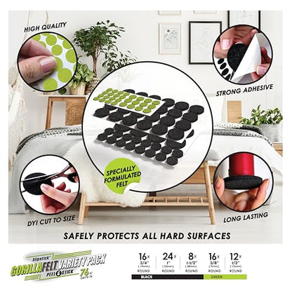Slipstick Gorilla Felt Furniture Pads (76 Piece Variety Pack) Premium Furniture Pads & Chair Leg Floor Protectors for Hardwood Floors & Hard Surfaces - size: 76 Piece Variety Pack