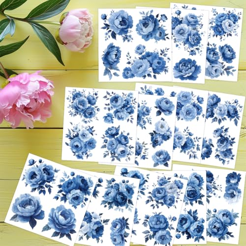12 Sheets Blue Floral Rub on Transfers for Crafts Blue Rose Clings Window Stickers for Glass Scrapbooking Journals Planners for Home Office Decor - style: Peonies in Blue