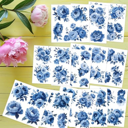 12 Sheets Blue Floral Rub on Transfers for Crafts Blue Rose Clings Window Stickers for Glass Scrapbooking Journals Planners for Home Office Decor - style: Peonies in Blue