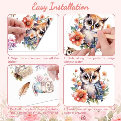 Peacoblue Owl and Flowers Rub On Transfers for Furniture Craft 6"x12" - style: Owl and Flowers