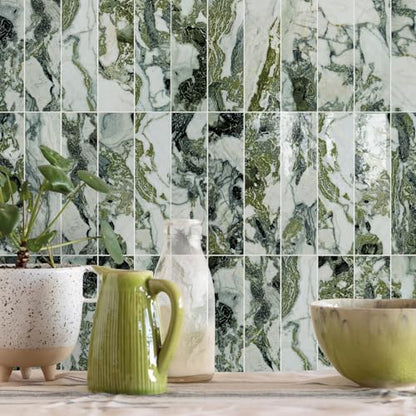 Vamos Tile Peel & Stick Backsplash on Subway Tile,40-Pack 3''x12'',Glossy - color: Ice Green with White Grout