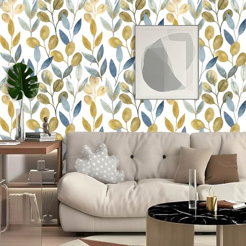 Blue and Gold Leaf Peel and Stick Wallpaper 17.7" x 212.6" - color: Blue/Gold, size: 17.7" x 212.6"