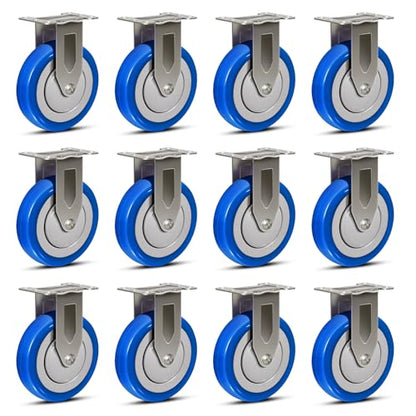 5" Stainless Steel Casters, Rigid Industrial Heavy Duty Casters, Anti-Corrosion Rust-Proof Plate Polyurethane Caster Wheels for Cart, Each Caster Load 350 lbs (12 Rigid) - style: 12 Rigid