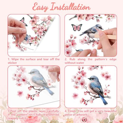 Peacoblue Cherry Blossoms, Bird Rub On Transfers for Furniture Craft 6"x12" - style: Cherry Blossoms and Birds