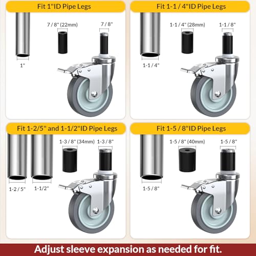 HOLKIE Caster Wheels Locking 5 Inch Expanding Stem Casters, Threaded Swivel Casters Set of 4 Heavy Duty Castors, Fit 1", 1-1/4", 1-2/5",1-1/2", 1-5/8" ID Stainless Steel Table, Cart, Furniture Legs - style: 5 Inch