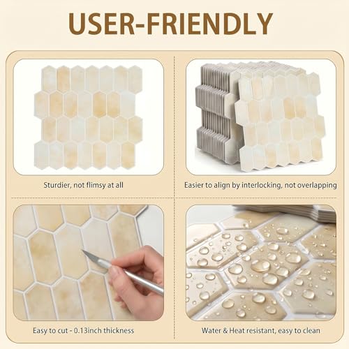 Arttown Peel and Stick 3D Wall Backsplash, 10-Sheet, 12" × 12" Hexagon - color: Beige Hexagon, size: 10PC 12"x12"