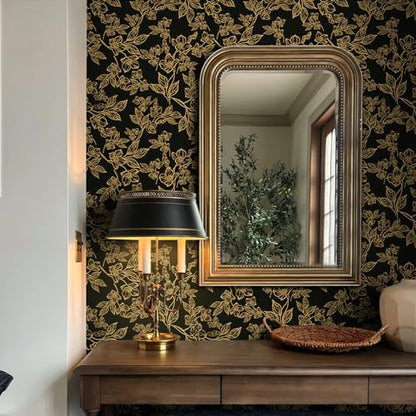 Ismoon Dark Floral Peel Stick Wallpaper Black Gold Wallpaper 17.3x78.7in - color: Black/Gold, size: 17.3" x 78.7"