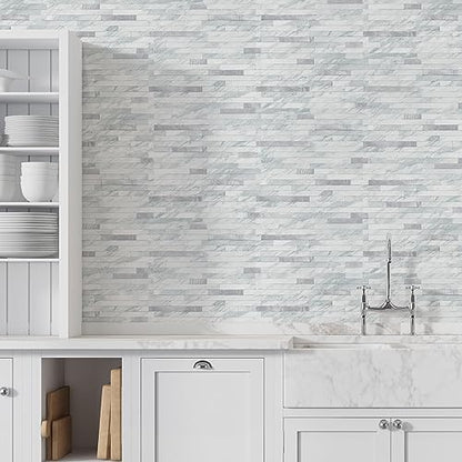 STICKGOO Peel and Stick Backsplash Tile, Volakas White with Silver Metal - color: Volakas White + Metal Silver