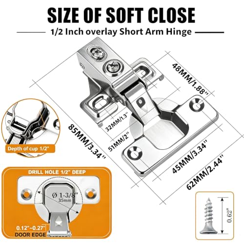 BESTEEL 24 Pack 1/2 inch Overlay Soft Close Cabinet Door Hinges for Kitchen Cabinet Hinges, 100 Degree Opening Angel, Stainless Concealed Kitchen Cabinets Hinge Self Closing with Drilling Tool &Manual - size: 24 PCS