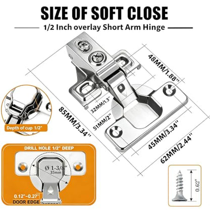 BESTEEL 24 Pack 1/2 inch Overlay Soft Close Cabinet Door Hinges for Kitchen Cabinet Hinges, 100 Degree Opening Angel, Stainless Concealed Kitchen Cabinets Hinge Self Closing with Drilling Tool &Manual - size: 24 PCS